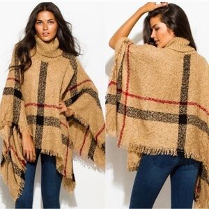 Oversized Plaid Turtleneck Poncho